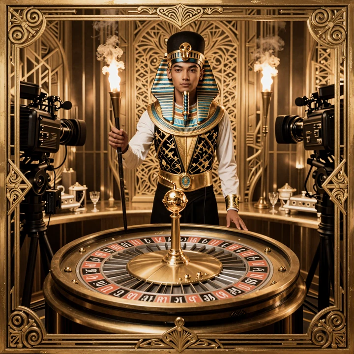 Live Casino Studio mit Pharao Dealer und goldenem Roulette bei Realz Casino