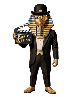Pharao Maskottchen mit Filmklappe pr&auml;sentiert Realz Casino Spielebibliothek